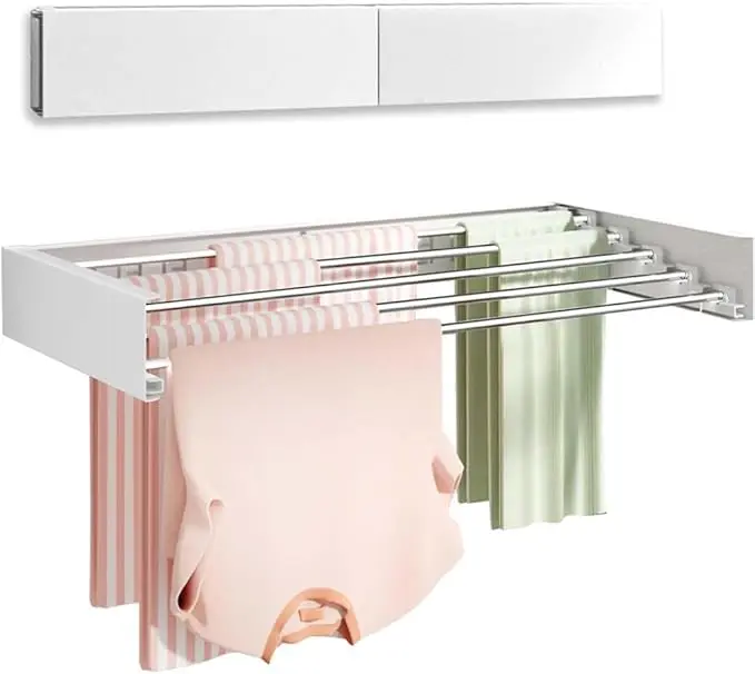 Wall Mounted Clothes Drying Rack 40" Folding Laundry Drying Rack Wall Mount with 6 Aluminum Rods for Maximum Space-Saving Efficiency Collapsible Hanging Rack for Bathroom Laundry