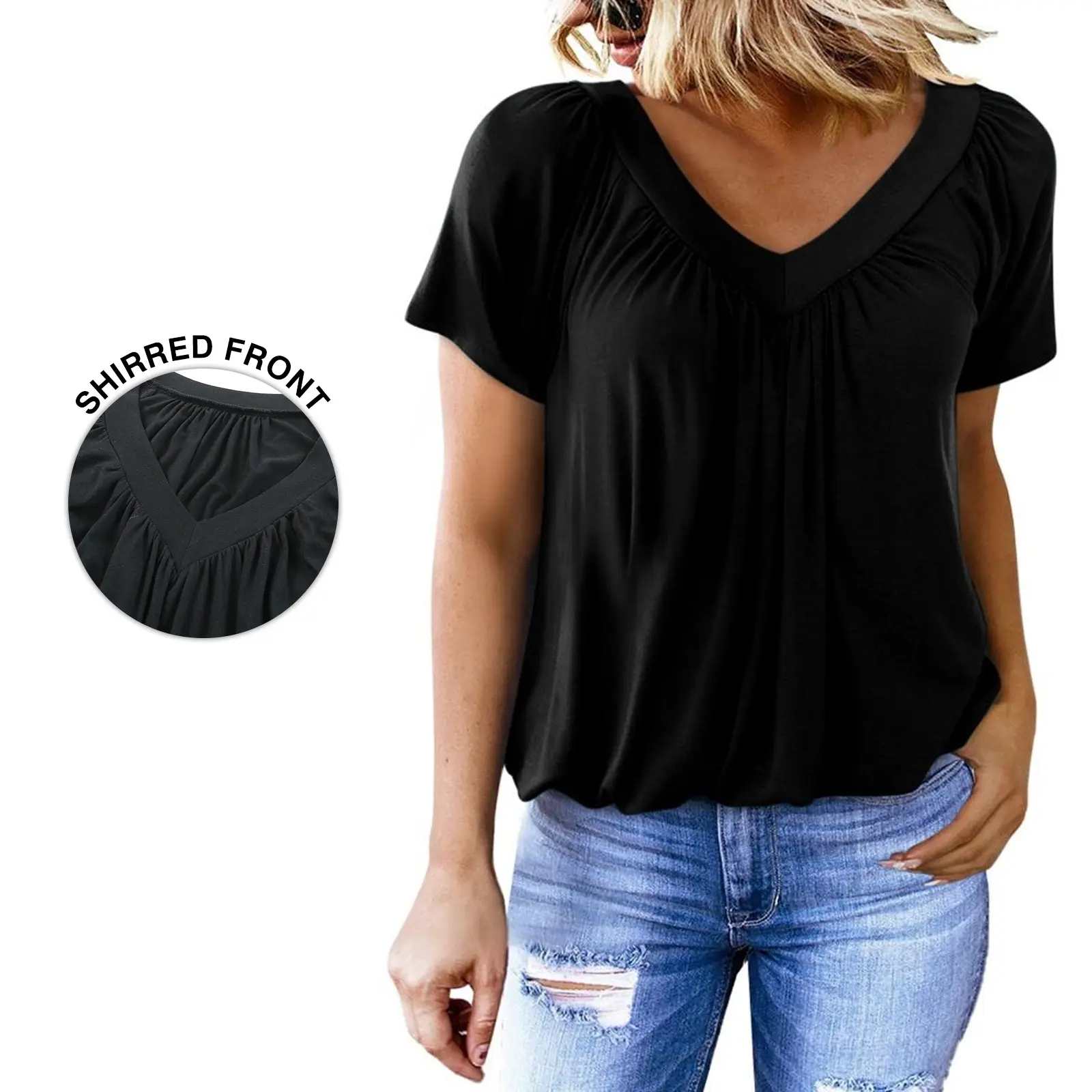 Dokotoo Women's Casual Summer Short Sleeve V Neck Tops T-shirts - Loose Fit & Comfortable Shirring Top