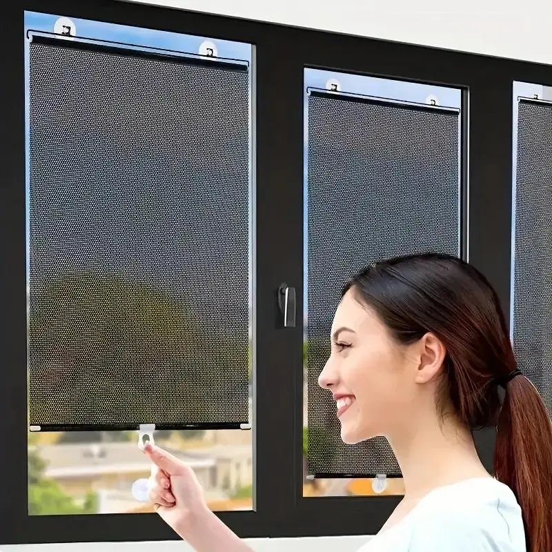 Retractable Blackout Window Roller Shade, Suction Cup Design Heat Insulation Roller Sunshade, Window Roller Shade for Kitchen, Balcony & Living Room, Blackout Window Cover