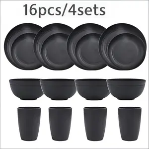 16-piece wheat straw tableware set, reusable, shatterproof, impact-resistant, suitable for outdoor use; features a matte sandblasted coating that is slip-resistant and fingerprint-resistant, ensuring a secure grip even with wet hands