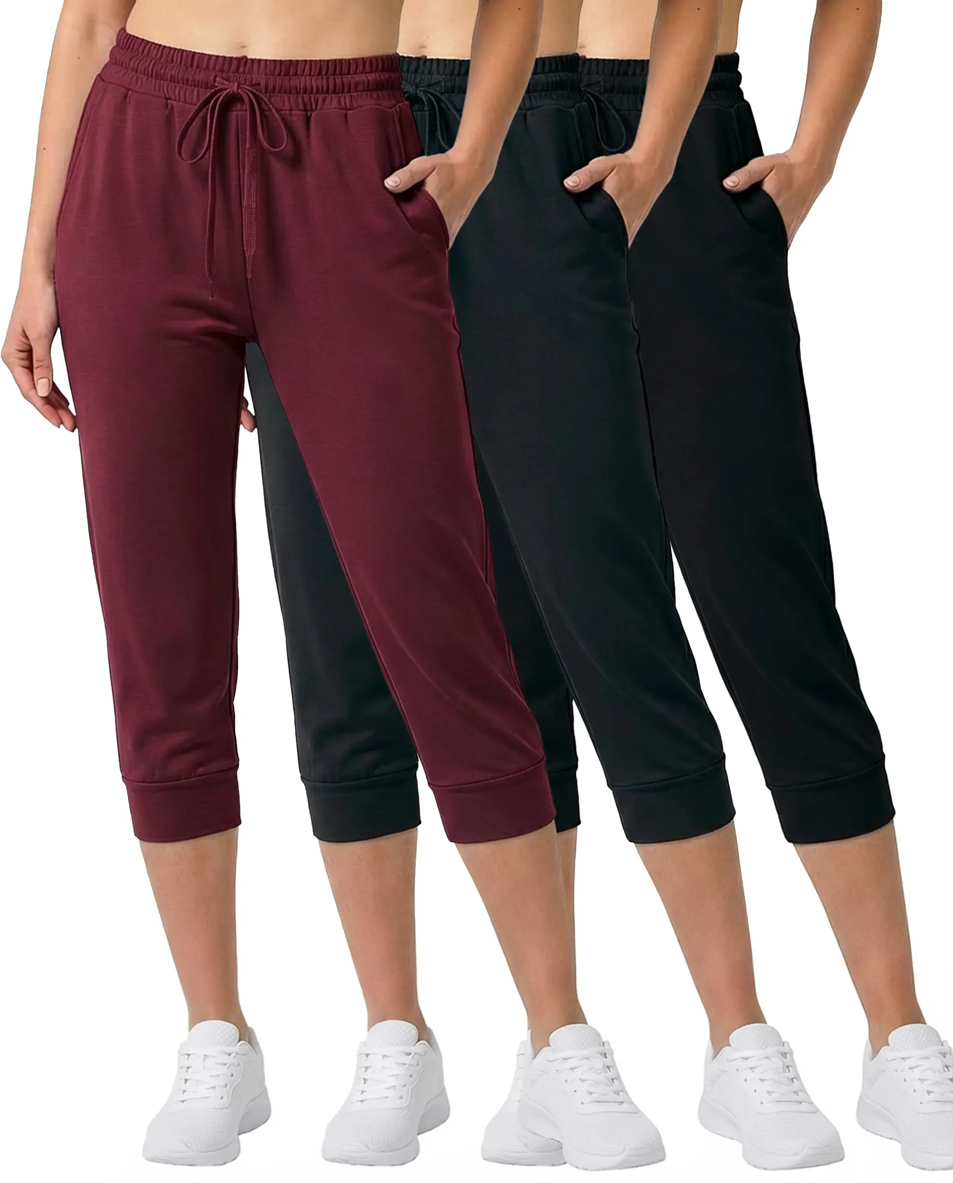 Real Essentials 3-Pack: Women's Ultra Soft Lounge Capri Joggers Sweatpants Athletic Yoga with Pockets(Available in Plus Size)