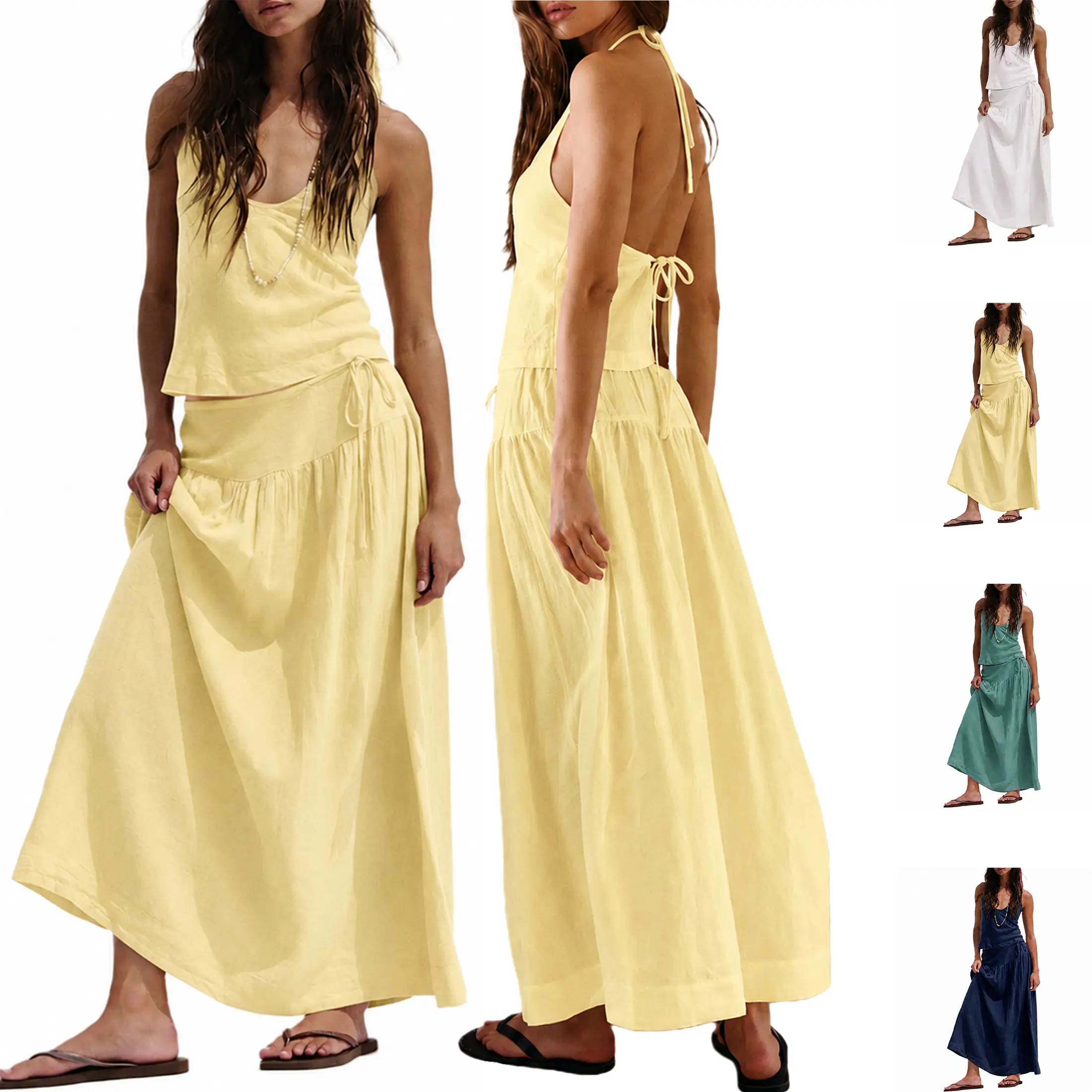 Wandal Sandshell Linen Skirt Set Women’s 2 Piece Halter Top Flowy Maxi Skirt, Backless Summer Outfit, Beach Vacation Resort Matching Set