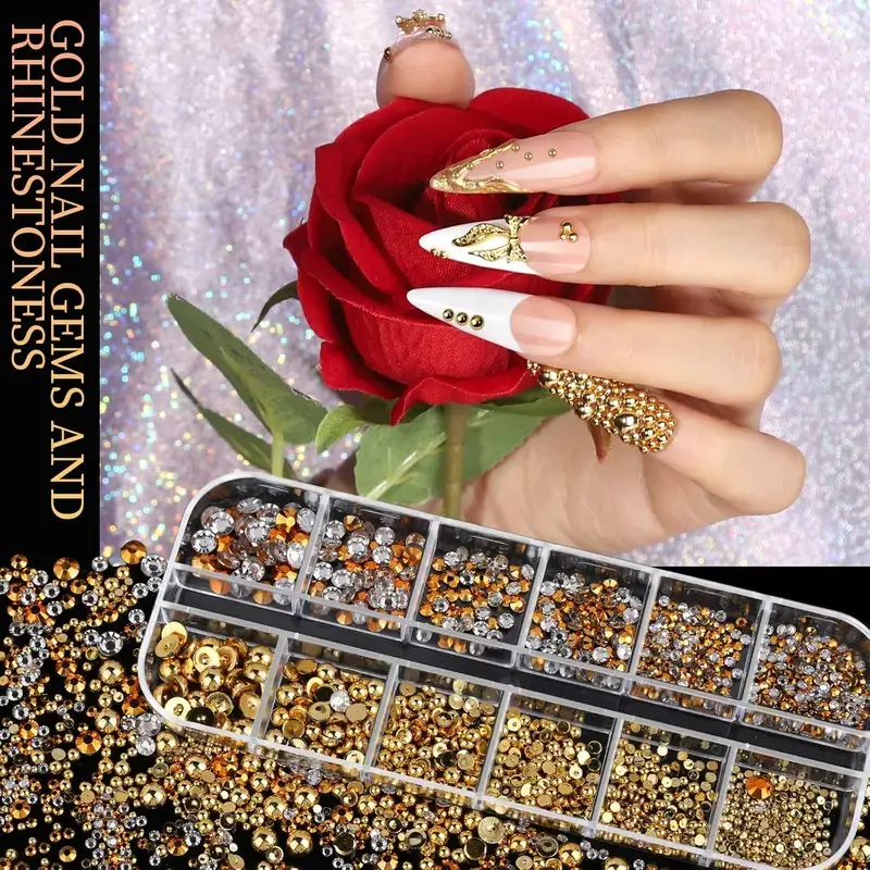 Gold 3D Cross & Heart Nail Charms Set, 4 Boxes Rhinestones Pearls, Nail Art Decoration Supplies & Tools for Design