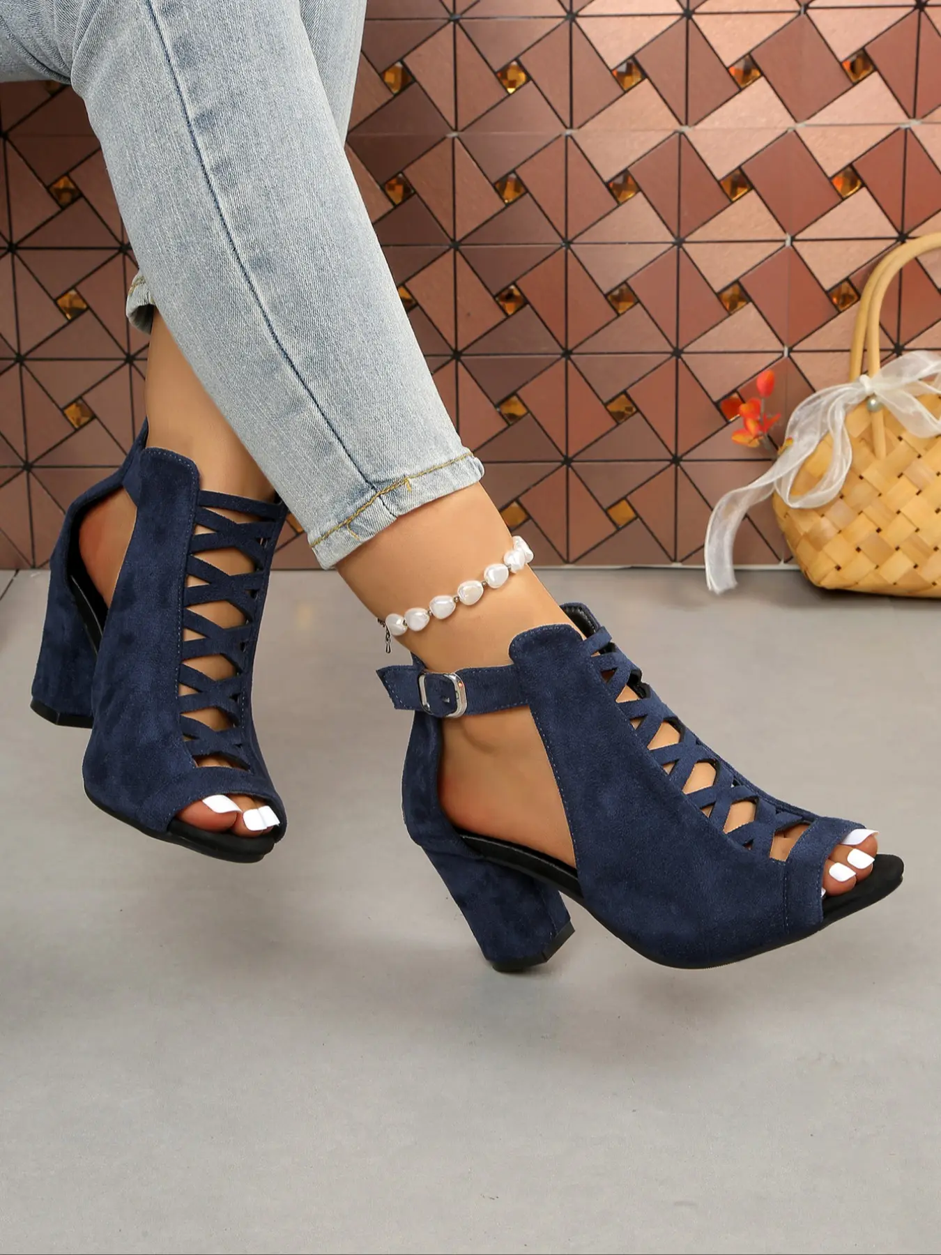 Women's Vintage Roman Sandals Summer New One Strap Open Toe Shoes Fashion Hollow Out Design Chunky Heel Casual Textile Rubber Sole Fashionable Heels Elegant Heeled Sandals Bohemian Sandals Casual Trendy Sandals