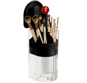 Makeup Brush Holder with Lid, One-Hand Press Open/Close Mechanism Cosmetic Tools Organizer, Clear Waterproof Dustproof Make Up Storage for Vanity, Bathroom