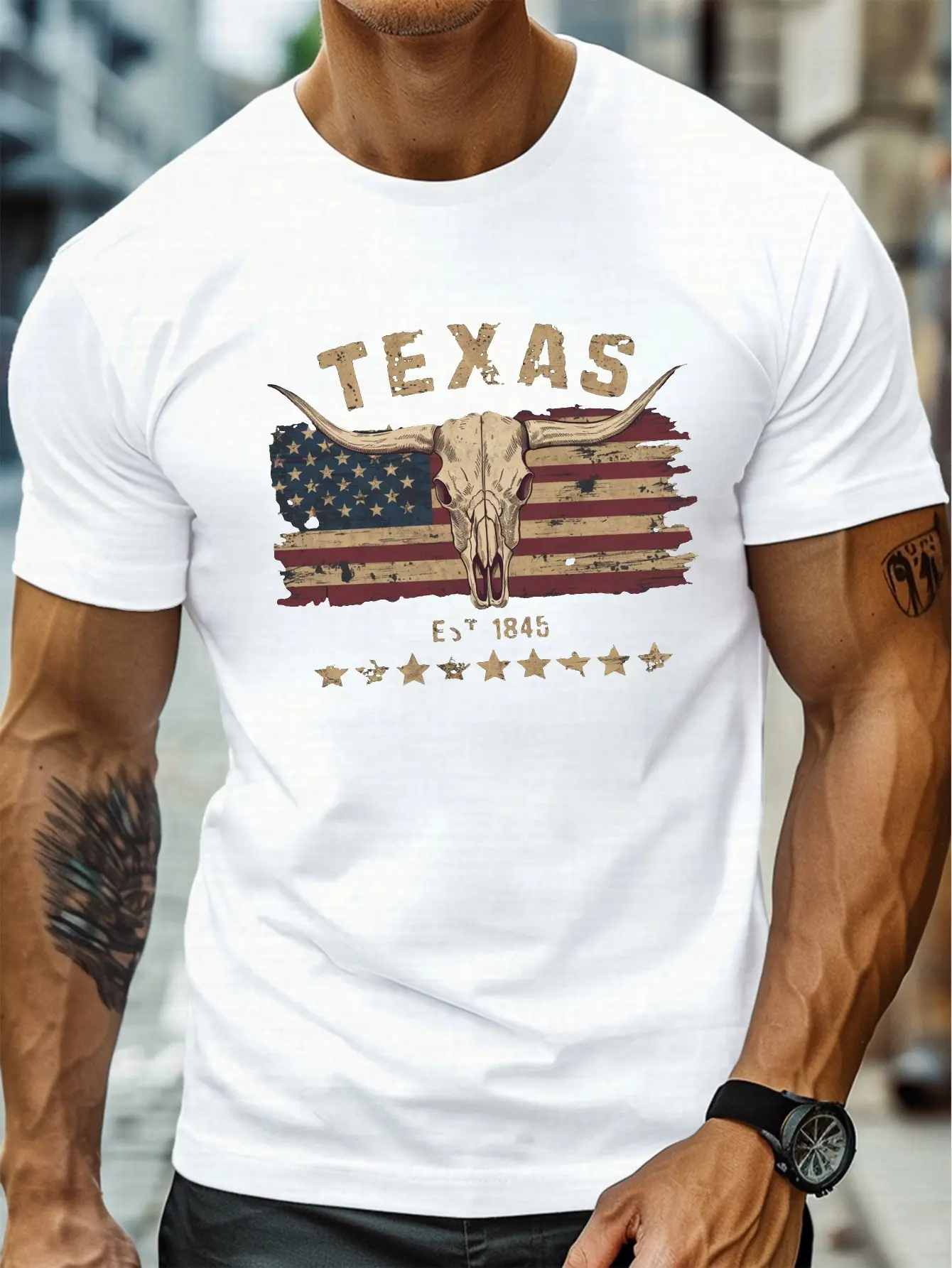Men's Texas Longhorn Bull Skull and State Flag Pattern T-Shirt-White with Gold Letters Casual Round Neck Breathable Summer Top Fit Texas Pride Longhorns fans and everyday wear-machine-washable regular geometric bull skull design with Texas text loose cut