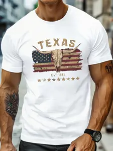 Men's Texas Longhorn Bull Skull and State Flag Pattern T-Shirt-White with Gold Letters Casual Round Neck Breathable Summer Top Fit Texas Pride Longhorns fans and everyday wear-machine-washable regular geometric bull skull design with Texas text loose cut