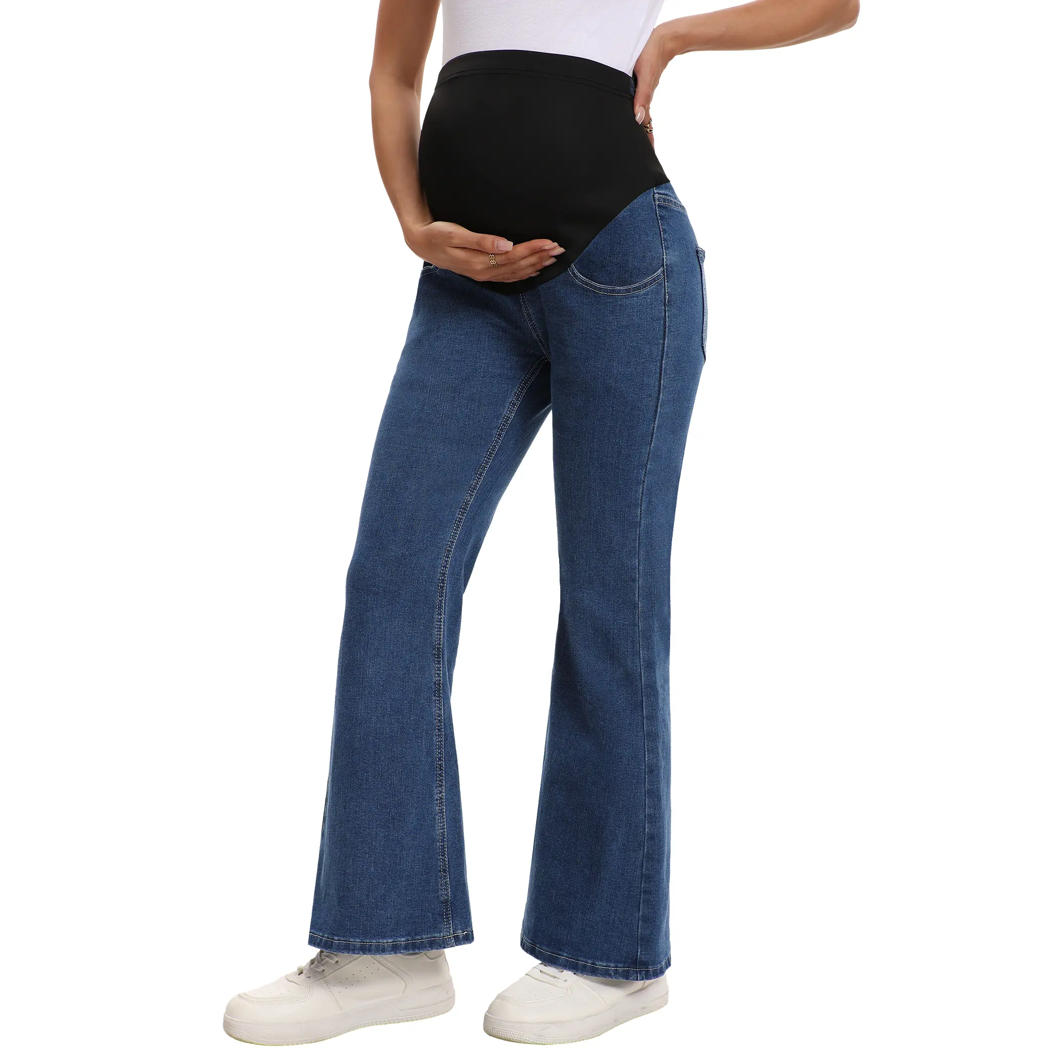 Cymebosilux Women's Maternity Over-The-Belly Denim Jeans - Adjustable Waist, Stretch Support, Loose Wide Leg, Pockets, All Seasons Pregnancy Loose Pants