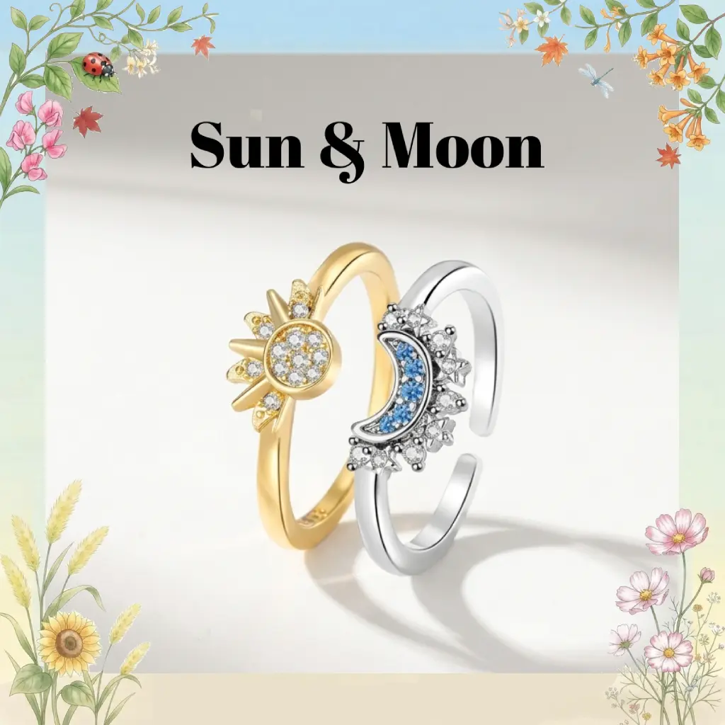 Adjustable Sun & Moon Ring Set for Best Friends & Sisters – Stackable Gold Sun & Blue Moon Rings, Matching Couple & Friendship Jewelry Gift