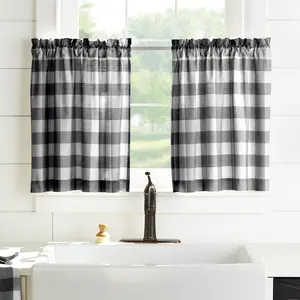 Elrene Farmhouse Buffalo Check Tier Curtains Set (2 Panels) 30” x 24” Black & White | Cotton Kitchen & Bathroom Window Curtains