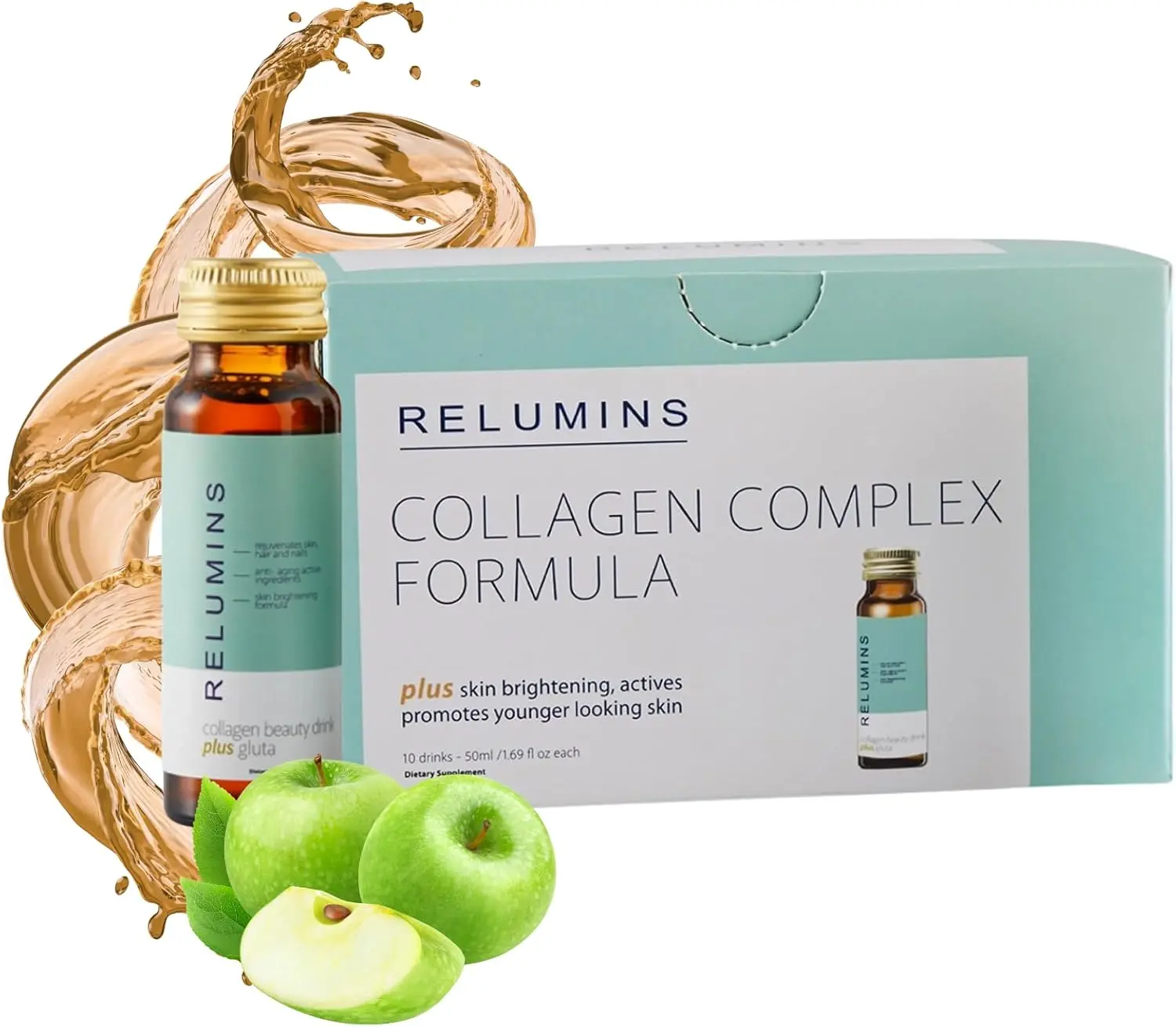 Relumins World's Most Advanced Collagen Drink - 10,000mg w/Glutathione & Antioxidants | USA's No.1 Liquid Collagen, Anti-Aging, Summer Glow Skin | Apple Flavor | Made in USA