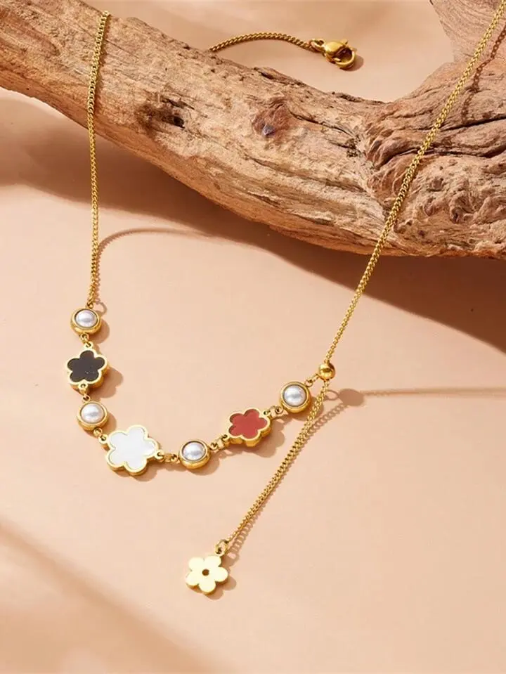 Goldtone Colorful Flower Charm Chain With Tassel Pendant Necklace Stainless Steel Daily Wear Jewelry for Women