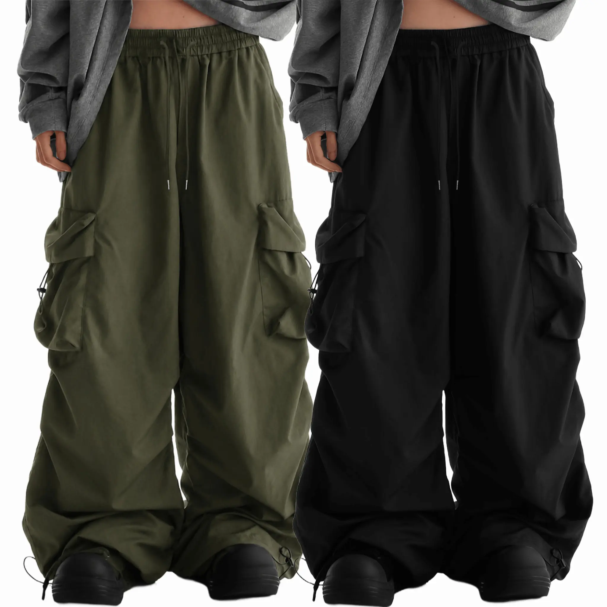 Men's 2-Pack Loose-Fit Baggy Cargo Bottoms - Basic Style, Polyester, Casual Design, Wide Legs, Multiple Pockets, Drawstring Cuffs, Suitable for Dance, Skateboarding