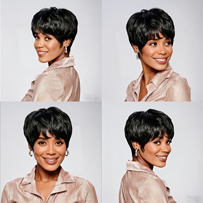 Women's 6" Short Curly Pixie Cut Human Hair Wig with Bangs - 180% Density Natural Brown/Blonde/Red/ - Machine-Made None Lace Front Wig Comfortable & Natural Look for Everyday Parties Formal Events - Easy Maintenance Short Hairstyle