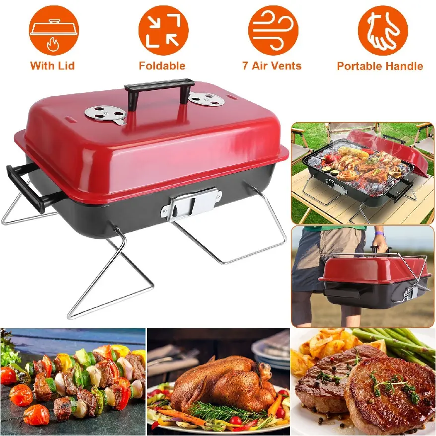 Portable Tabletop Charcoal Grill with Lid, Lightweight Folding BBQ Smoker with Adjustable Air Vents, Small Red Camping Grill for Backyard, Beach, & Outdoor Tailgating
