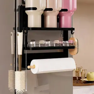 Magnetic Cup Holder for Refrigerator Side – Foldable Space-Saving Organizer with Shelf & Hooks, Holds 3 Large Cups, Sturdy Carbon Steel, No Drill Installation for Kitchen, Pantry, Office