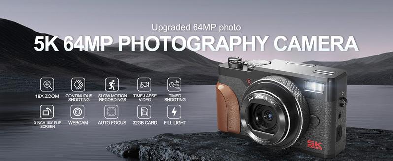 NBD 5K Retro Digital Camera 64MP Vlogging Camera with 3" Flip Screen 18X Zoom 2 Batteries for Teens and Adults