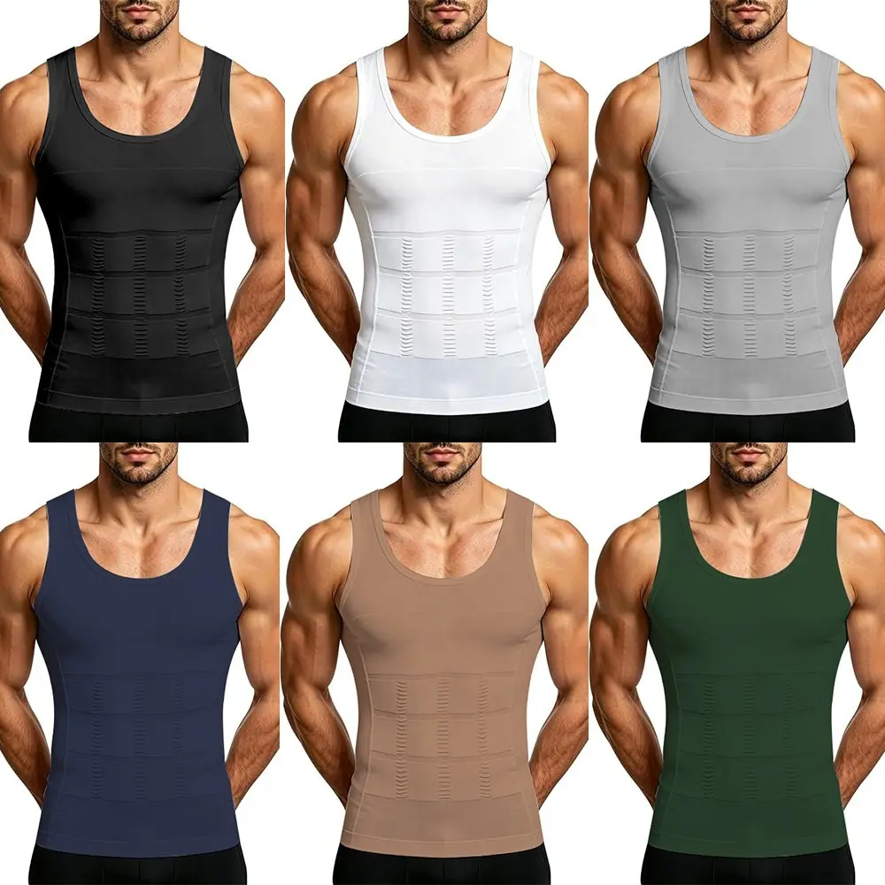3 Pack Menswear Compression Tank Tops Shirt Underwear Tummy Control Workout Shapewear Body Shaper Breathable Lightweight Soft Stretchy Suits Fabric Clothes Bestie Elastic Mesh Set