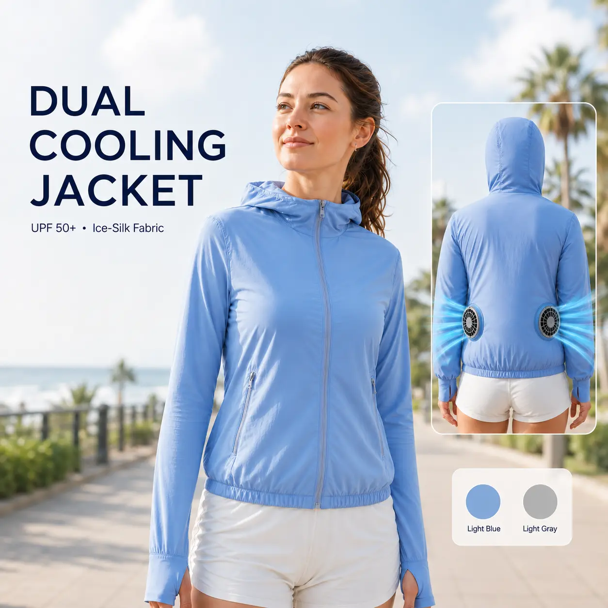 Women’s Cooling Jacket with Dual Fans, UPF 50+ Sun Protection, Ice-Silk Lightweight Jacket for Hot Weather, Power Bank Included Coats Tops Womenswear Basic