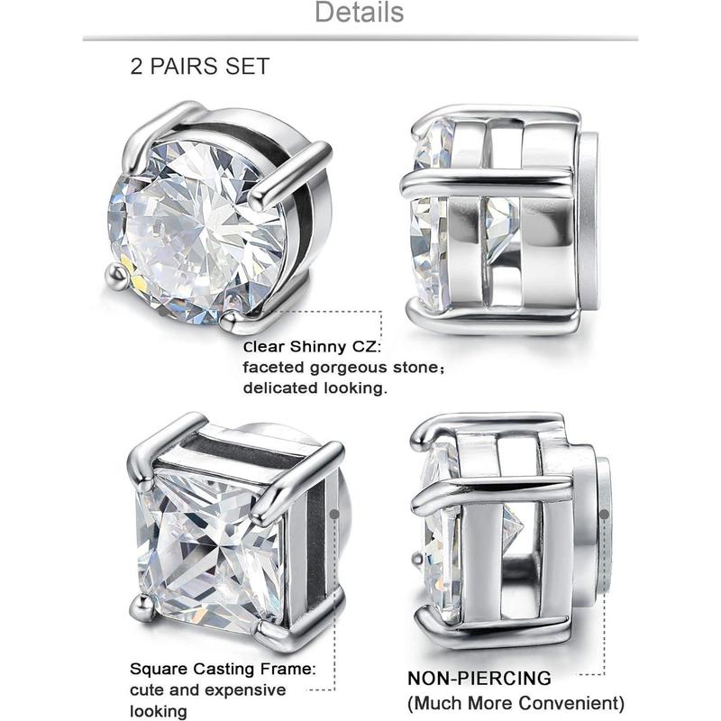 MILACOLATO Stainless Steel Magnetic Stud Earrings for Men Women Non-piercing CZ Hypoallergenic 4-10mm Daily Jewelry AAA+ Quality Sparkle Square CZ