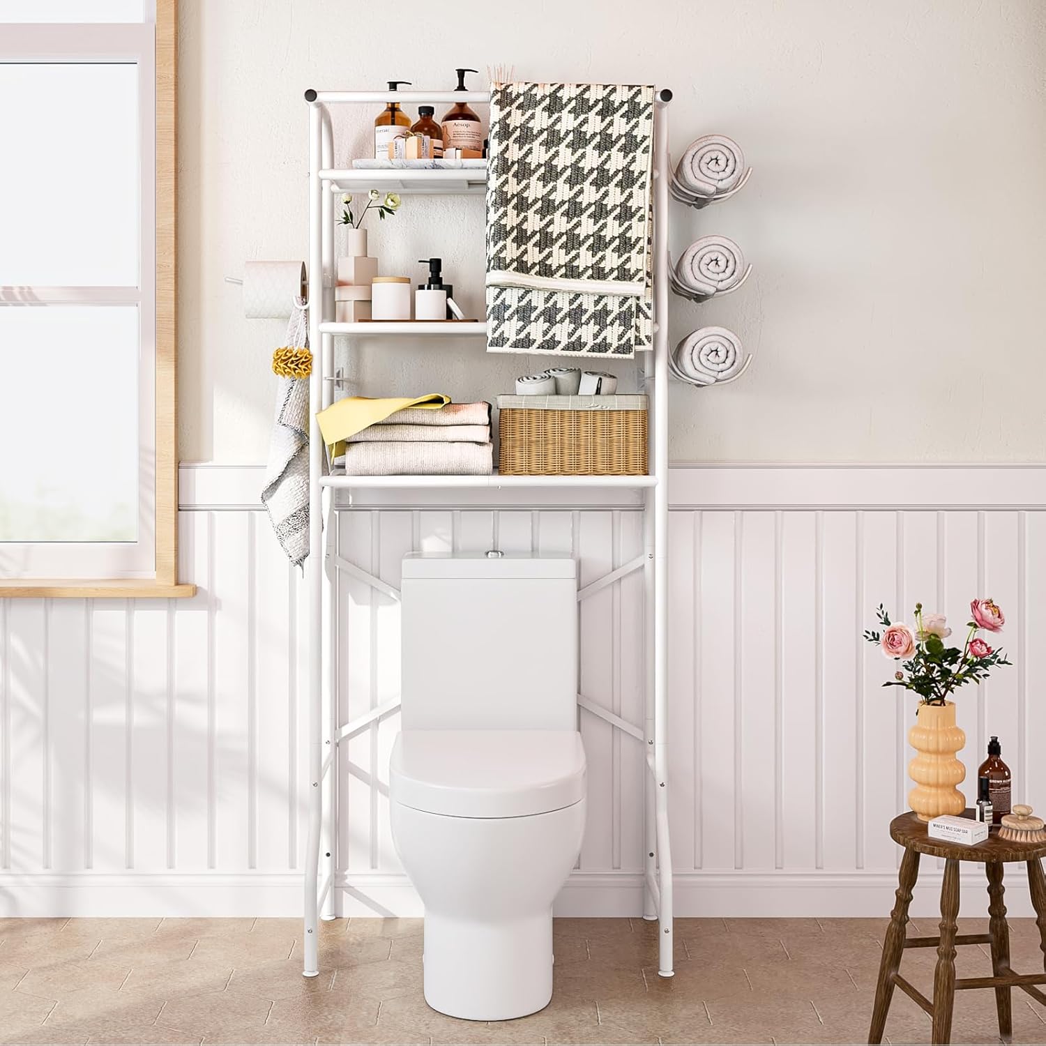 3 Tier Over The Toilet Storage Cabinet with Toilet Paper Holder Stand, Mass-Storage Over Toilet Bathroom Organizer, Space-Saving Rack Shelves Metal Deals For You Days