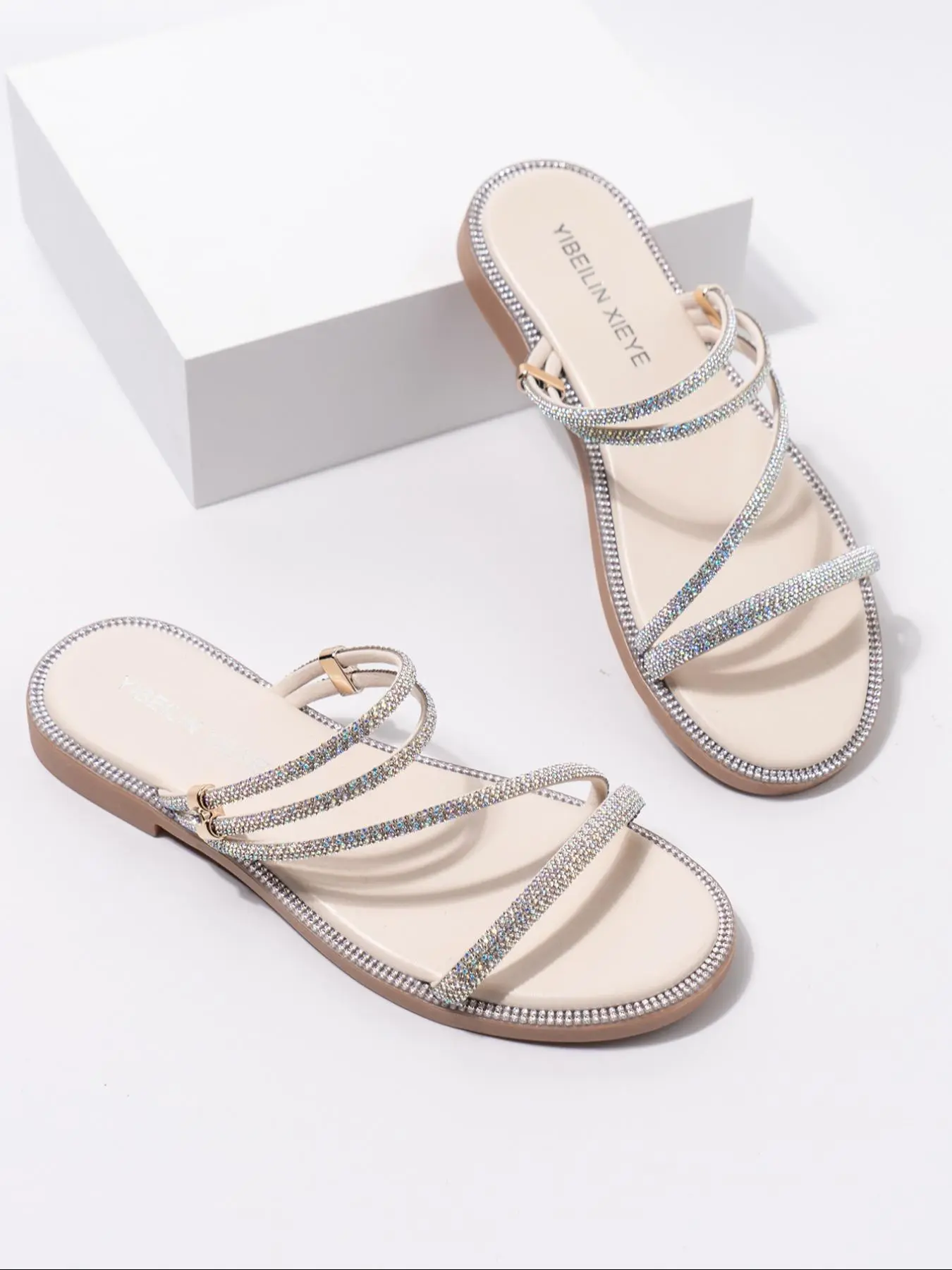 Women's Rhinestone Decorated Flat Sandals, Elegant Square Toe Sandals for Summer, Lightweight Breathable Comfortable Shoes for Daily Wear, Girl, Strapy Sandals, Classy Sandal, Glitter Design Slides, Fancy Sandals