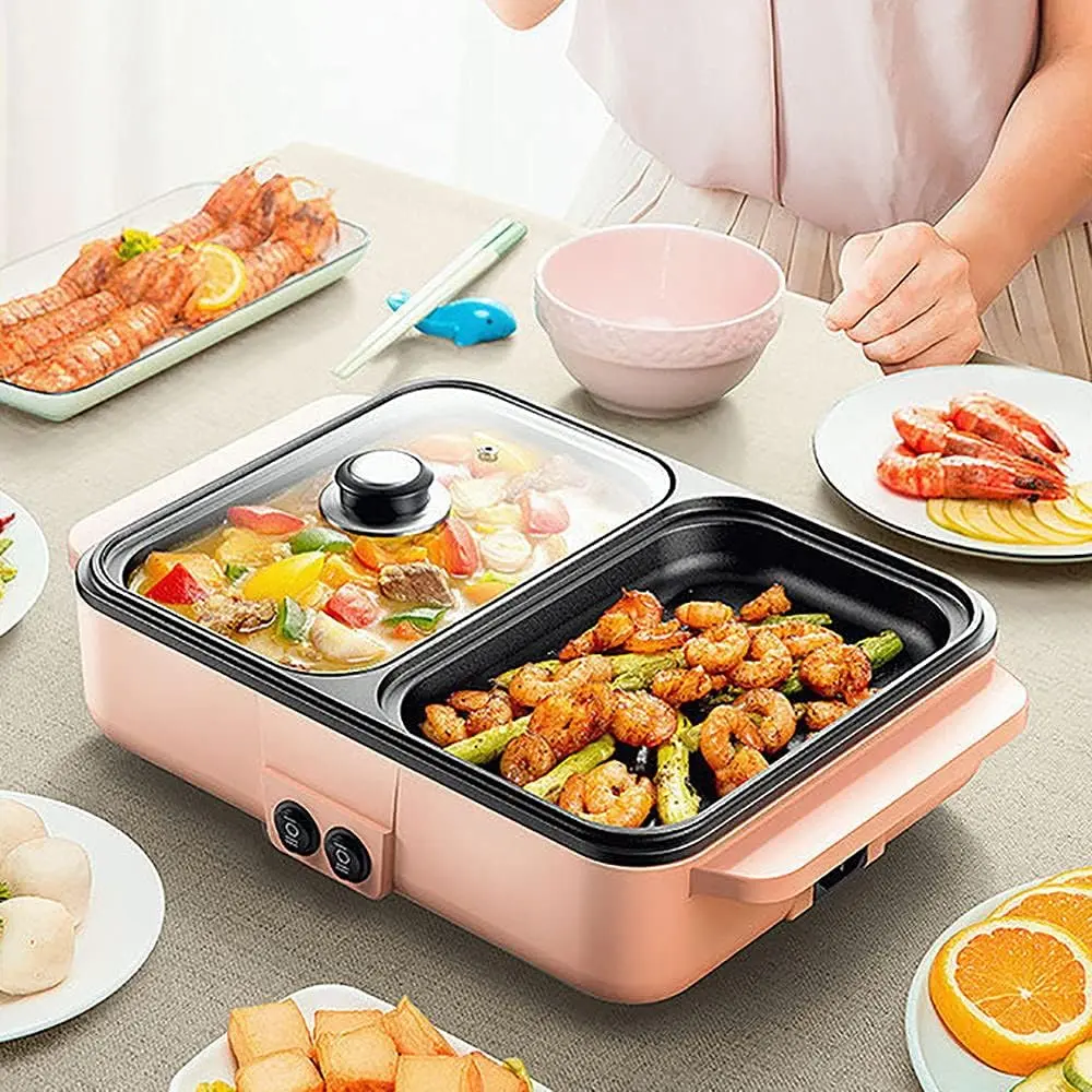CNCEST 2-in-1 Corded Wipeclean Nonstick Electric Grill & Hot Pot - 1200W, Even Cooking, Portable Griddle, Dual Temp Control, Treated Paint Resists Rust, Household Kitchen Appliance & Supplies for Shabu-Shabu, BBQ