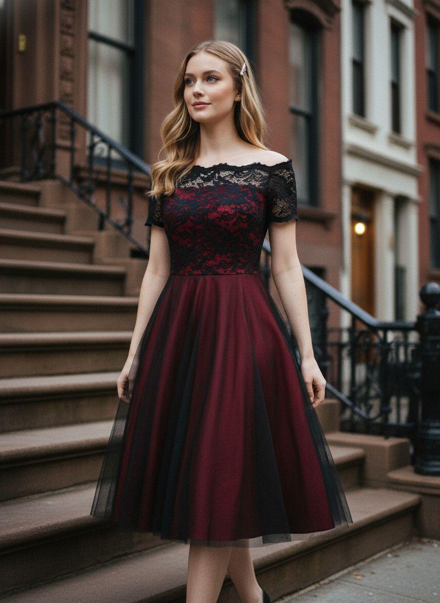 1950S OFF SHOULDER LACE SWING DRESS Formal Womenswear