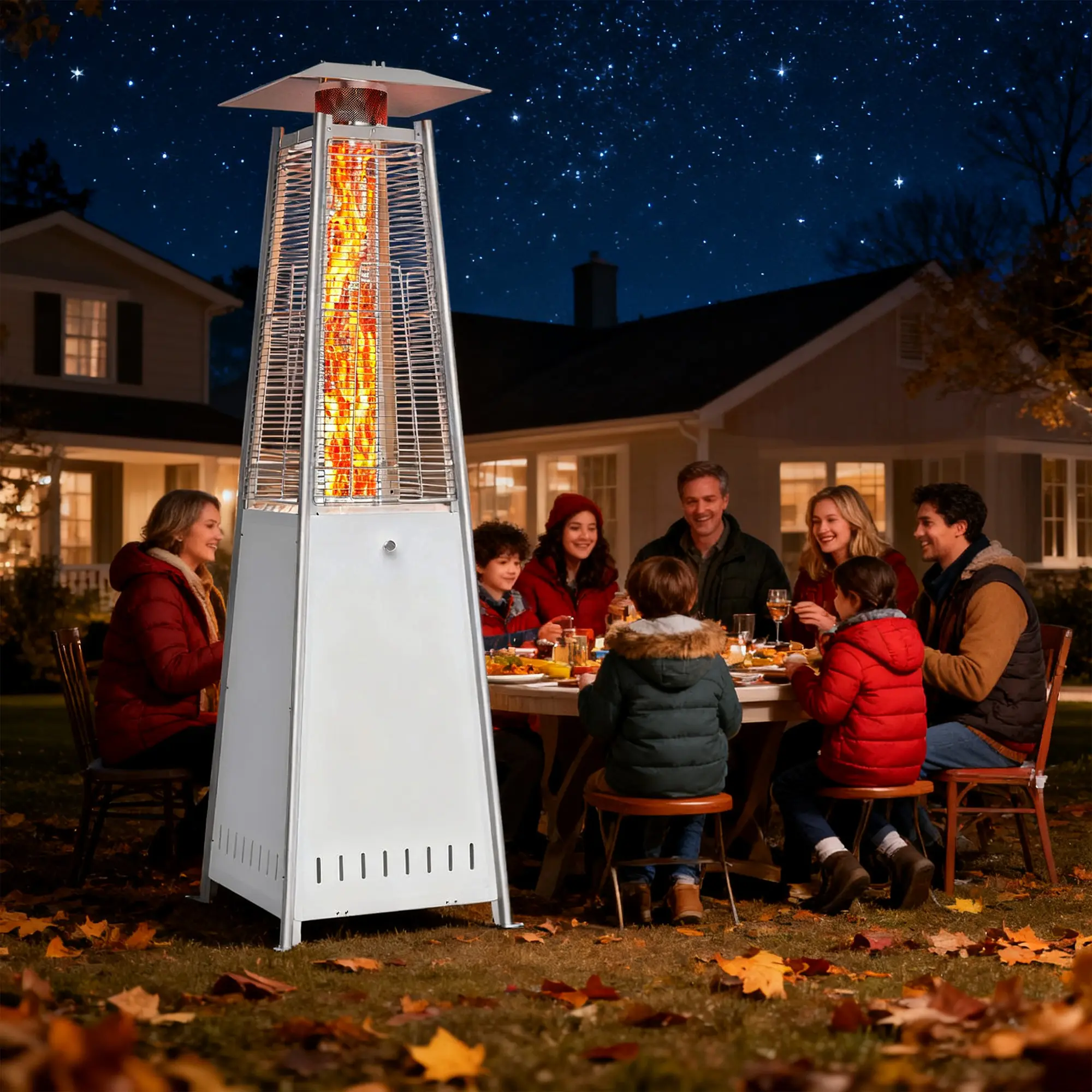 Pyramid Patio Heater, 48000 BTU Outdoor Propane Heater with LED Flame, Pulse Ignition, Safety Auto Shut-Off, Wheels for Easy Move, for Garden Deck Backyard