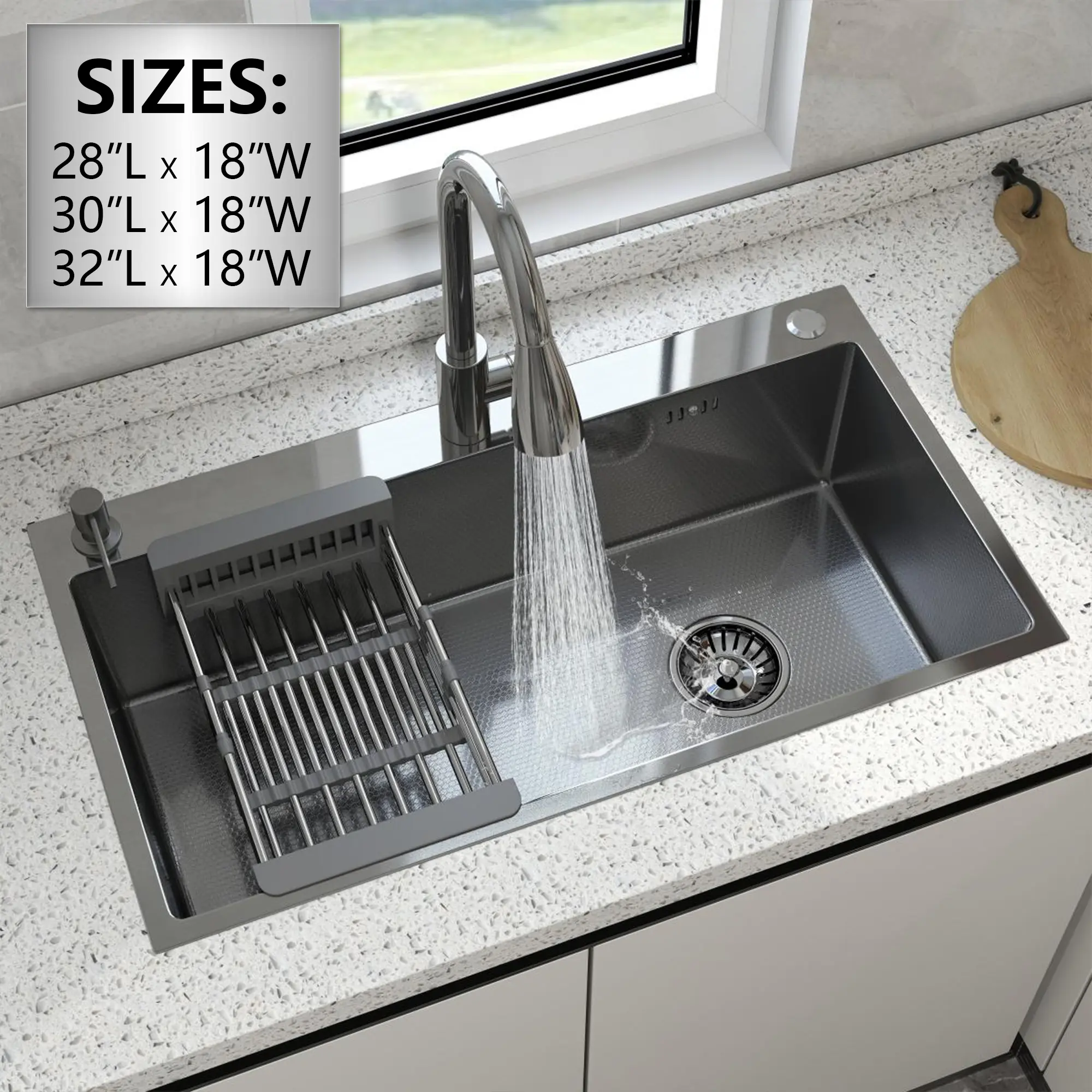 28"/30"/32" Silver Kitchen Sink Stainless Steel Single Bowl Drop In Top Mount with Faucet