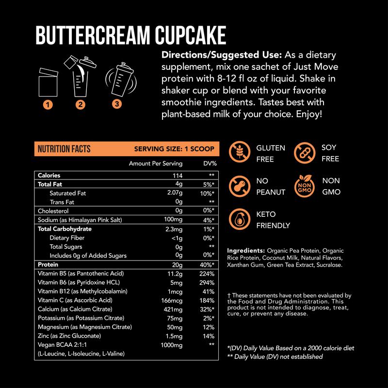 Just Move Protein - Buttercream Cupcake - Vegan (Plant Based) Organic, Dairy Free, Soy Free, Gluten Free, Keto, Peanut Free, 20g Protein, Low Carb, Non GMO supplements fitness dietary post-workout recovery