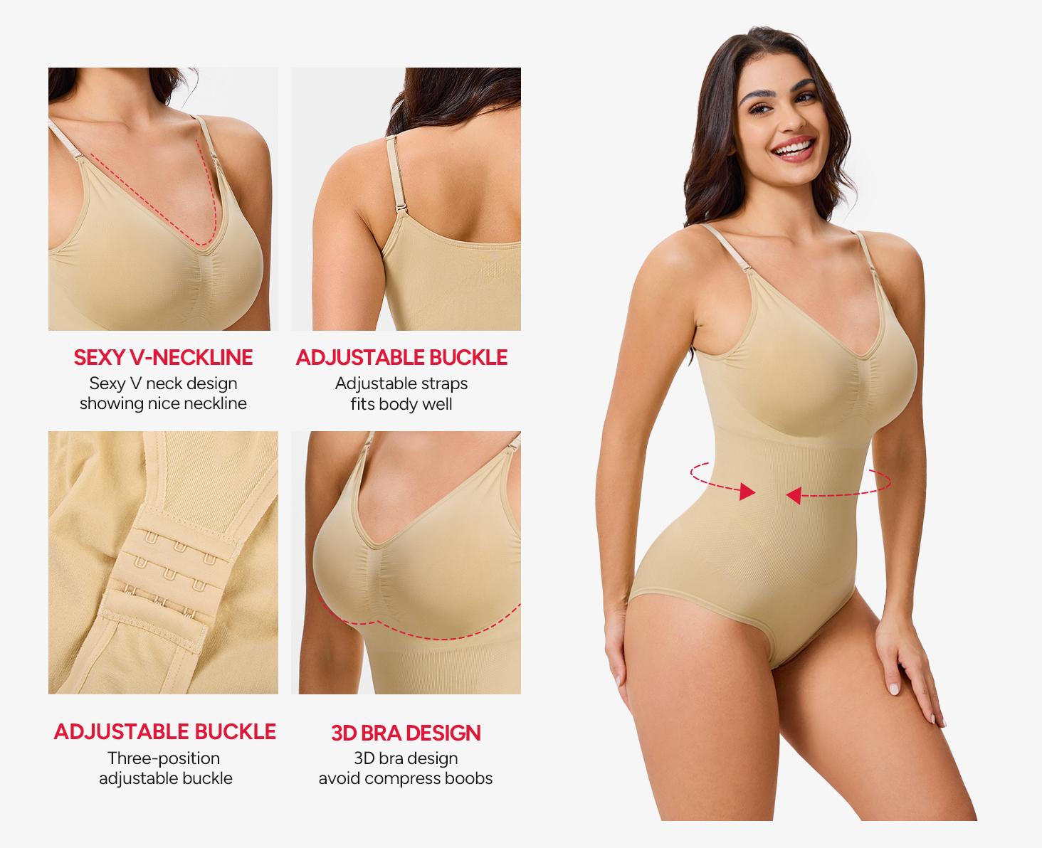 |Buy 2 Get 1 Free| Nebility Women's 3-Piece V-Neck Shapewear Set - Seamless Bodysuit & Camisole, Basic Minimalist Style with Tummy Control & Hip Lift Womenswear