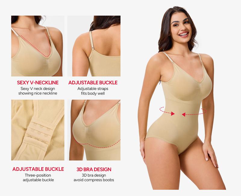 |Buy 2 Get 1 Free| Nebility Women's 3-Piece V-Neck Shapewear Set - Seamless Bodysuit & Camisole, Basic Minimalist Style with Tummy Control & Hip Lift Womenswear