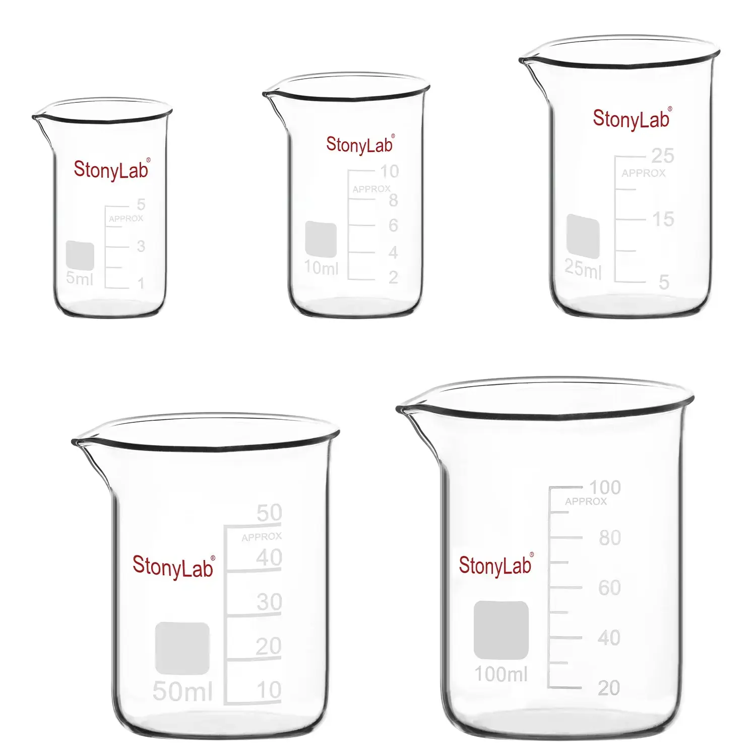 STONYLAB 5-Pack Mixed Size Glass Beaker Set, 5/10/25/50/100ml Kitchen Drinkware Glasses