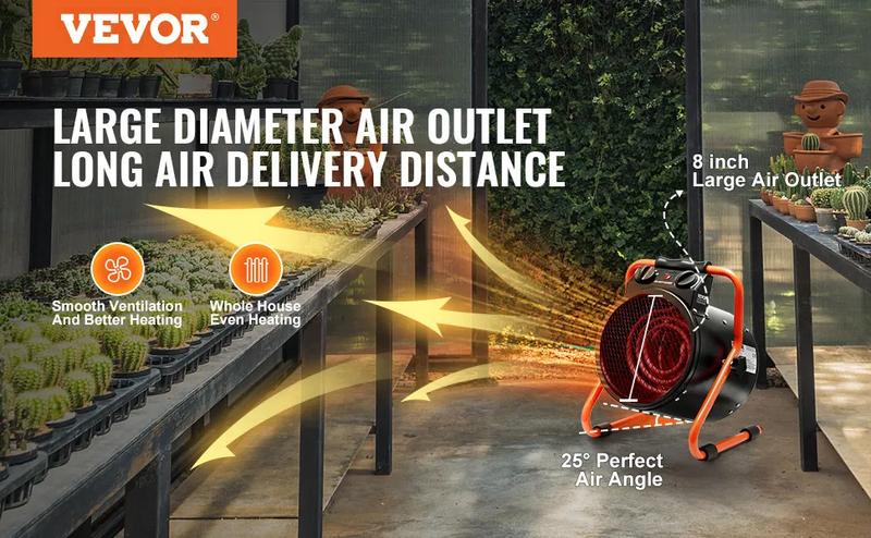 VEVOR Greenhouse Heater with Thermostat 1500W Fast Heating Overheat Protection 2-Speed Setting Small Grow Tent Heater Electric Portable Fan for Green House Flower Room Workplace