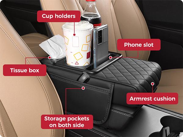 Car armrest organizer with cup phone and tissue storage slots