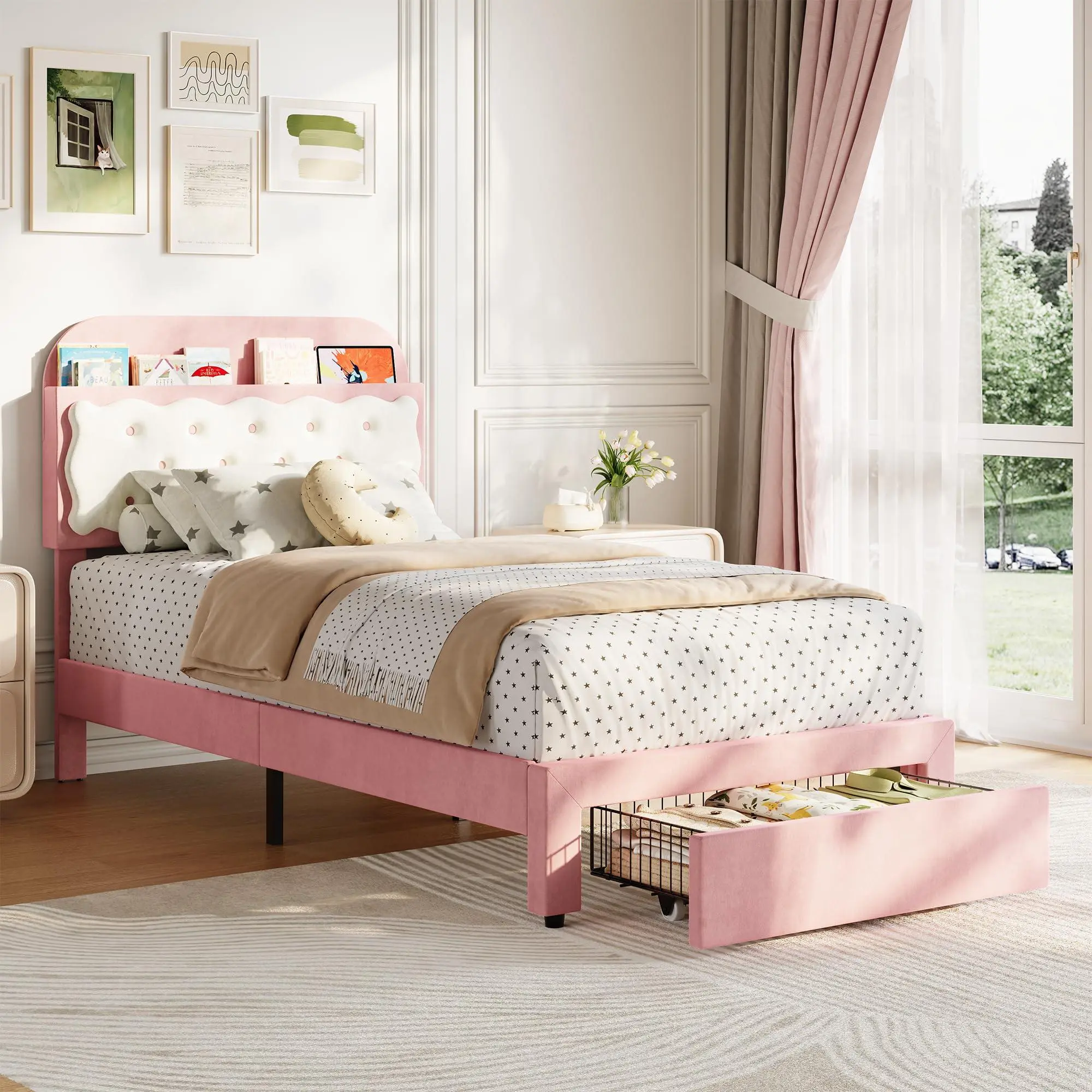 Twin Bed Frames, Velvet Upholstered Platform Bed with Biscuit Tufted Storage Headboard, Drawer, Sturdy Wood Slats, No Box Spring Needed, Easy Assembly