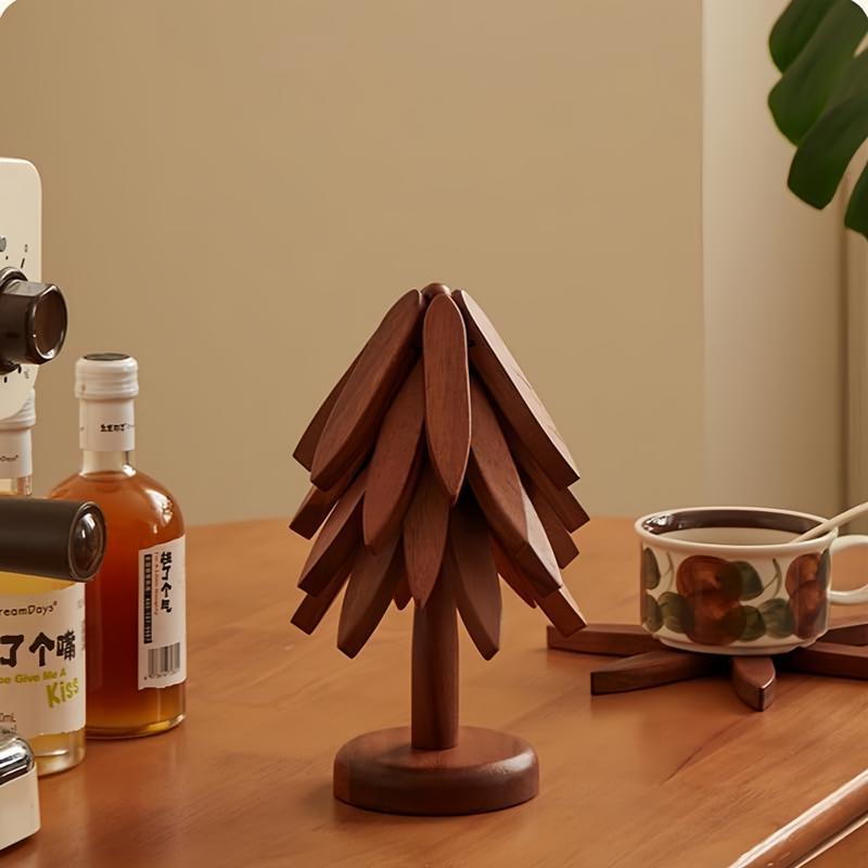 Natural Tree Trivet Set 4 Wooden Trivets & 1 Stand Heat Resistant Foldable Design Durable & High Quality Solid Wood Ideal for Hot Dishes, Pots, Bowls, Teapots Kitchenware & Tableware Coasters