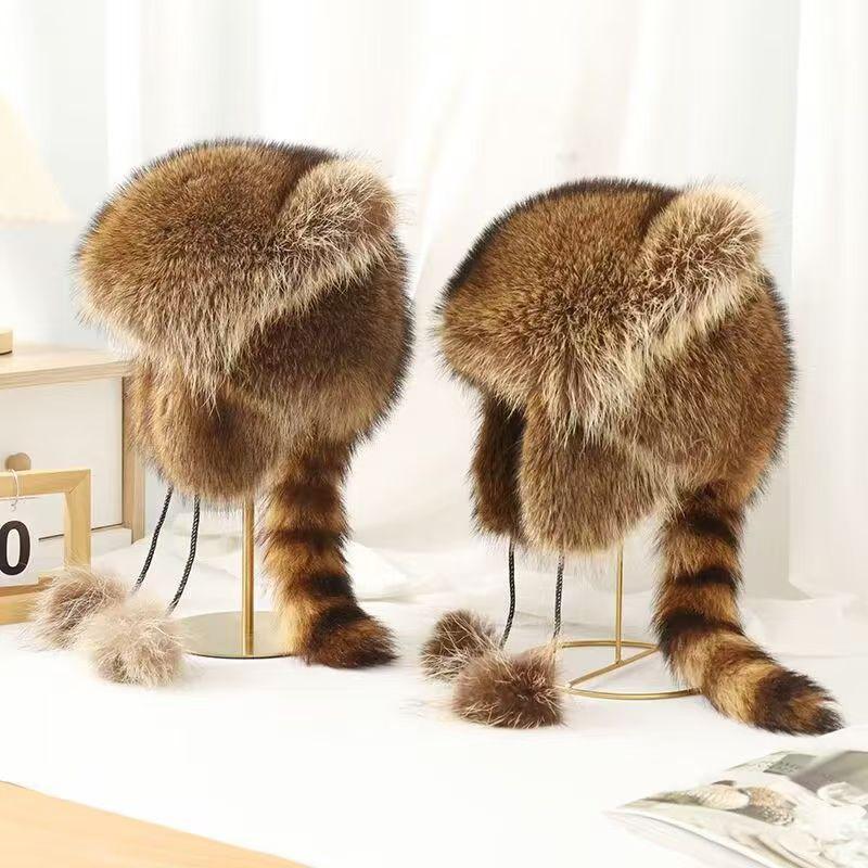 Creative and Cute Raccoon Earmuff Hat Warm and Thick Plush Hat for Autumn and Winter Fashionable Versatile Casual Luxurious Lei Feng Style