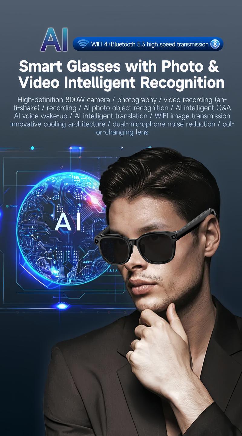 Smart AI Camera Glasses with 8MP Photochromic Lenses ,Button Touch Adjustment for Travel Outdoor Adventures Hands-Free Photography 160+Languages Real-Time Translation Bluetooth Wireless Wearable Video Recording UV Protection