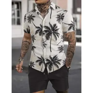 Two piece men's palm tree printed button up front shirt and drawstring waist pocket shorts set, suitable for daily beach vacation casual short sleeved tops and shorts, men's summer set