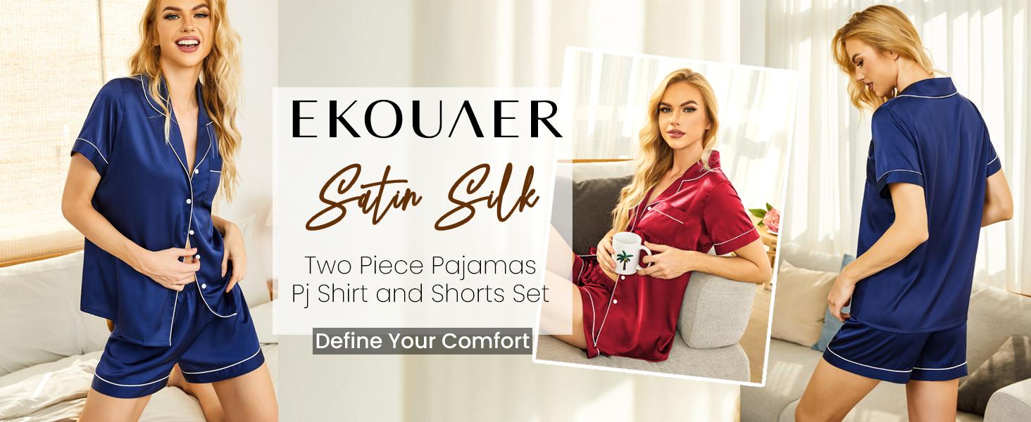 Ekouaer Women's Pajamas Set Silk Satin Pjs Button Down Sleepwear with Shorts 2 Piece Set Loungewear Pajama Set Comfort Womenswear women's  pajamas