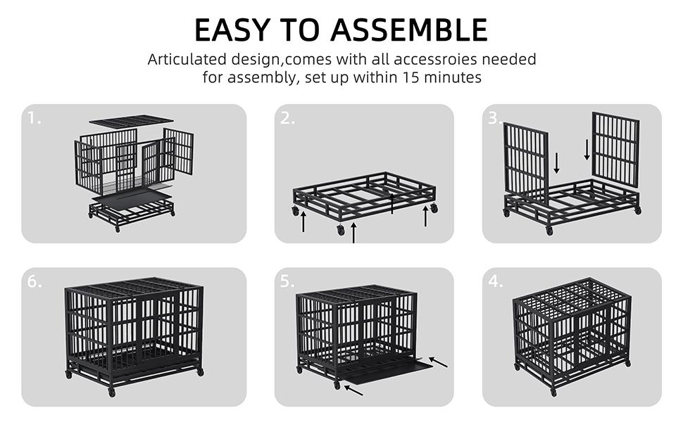 Walsunny 37/47 inch Heavy Duty Steel Dog Crate for Large Dogs with Lockable Wheels and Double Door Design, Escape Proof, Indestructible, Black