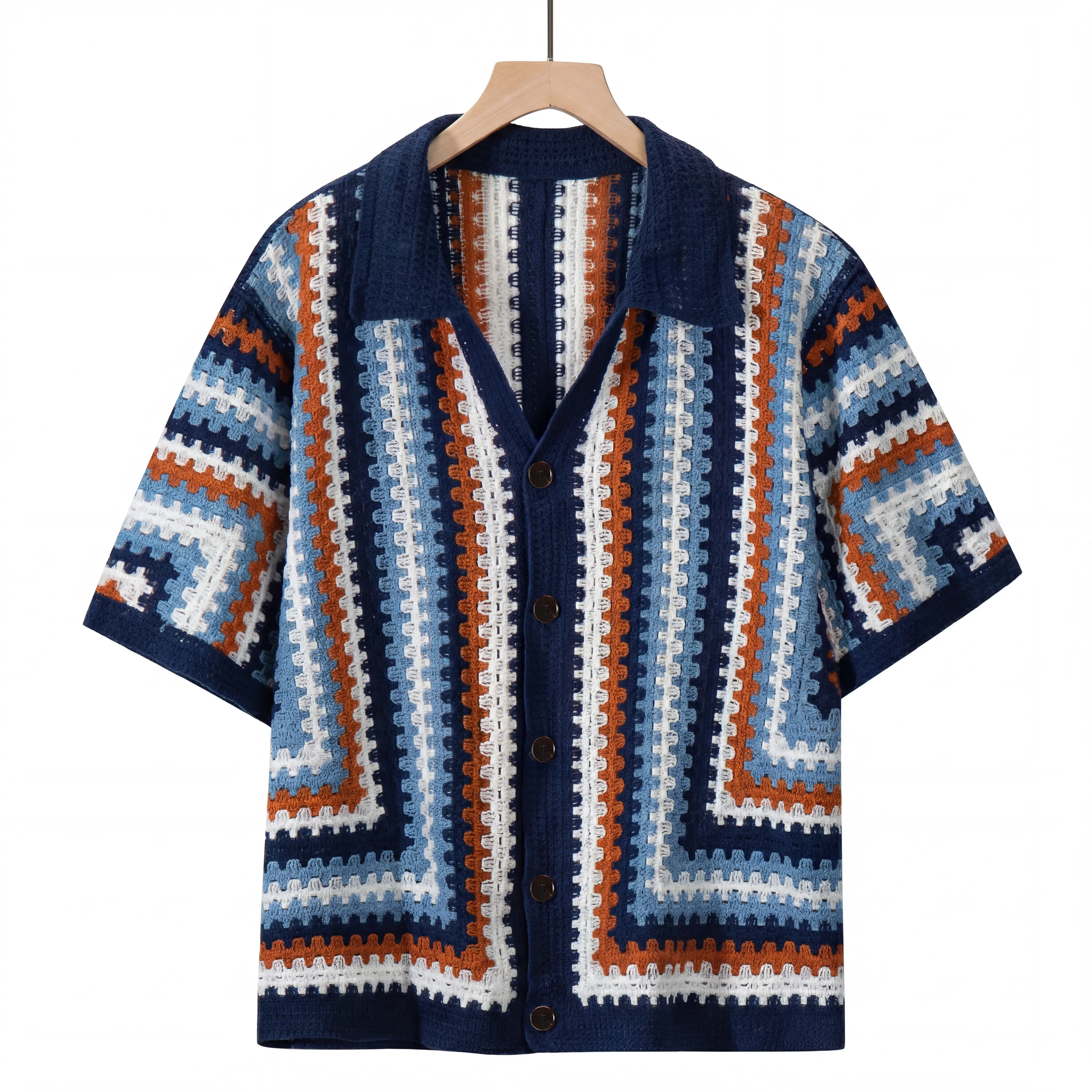 Men's Short Sleeve Hollow Out Knit Shirts Collar Button Up Striped Sweater,summerwins,father'sdaygifts,back to school,back to school shopping Casual Button Collared Casual Outings Shirt,clothes for back to school,first day of school outfits