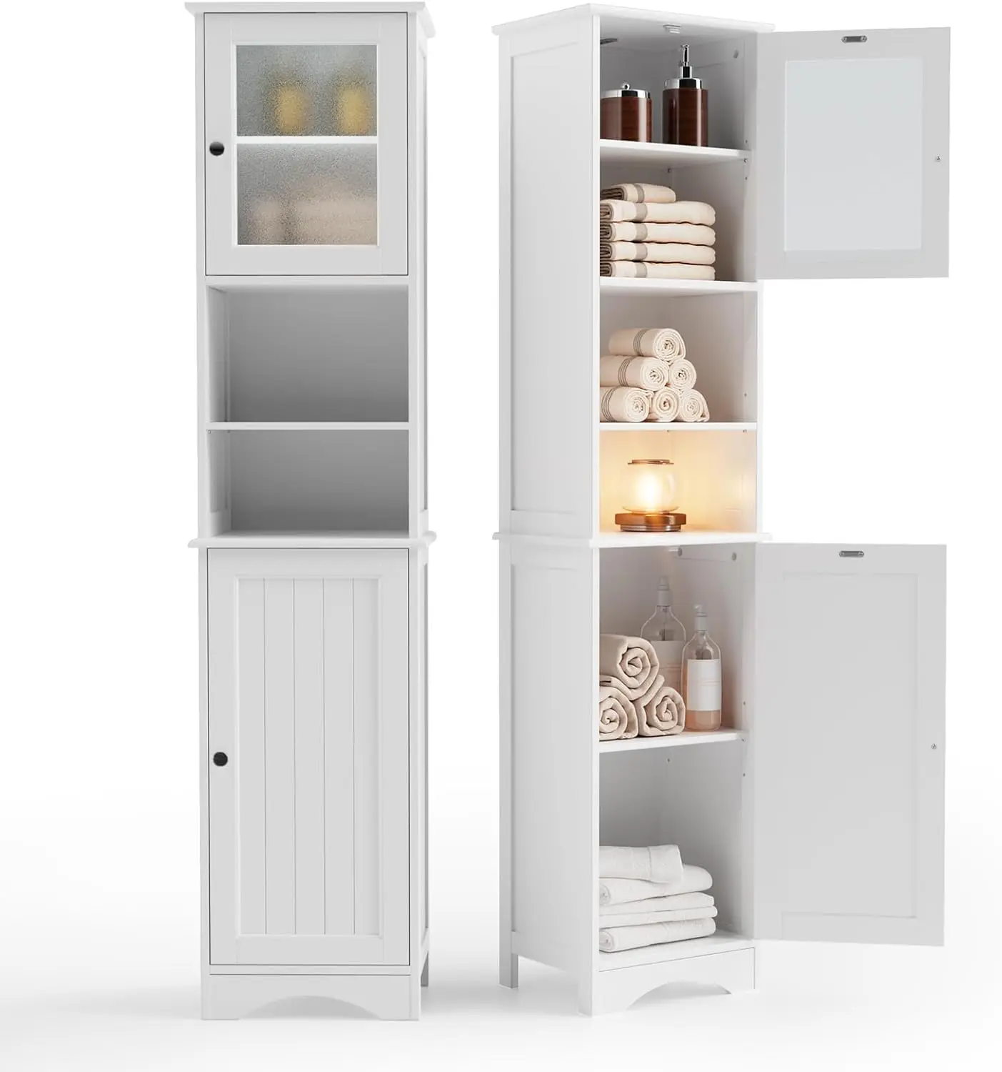 Gizoon 67.1" Tall Bathroom Storage Cabinet with Adjustable Shelves | Narrow Tall Linen Tower with Open Shelves, Two-way Doors, Anti-Tip, for Home, Kitchen, Living Room, White