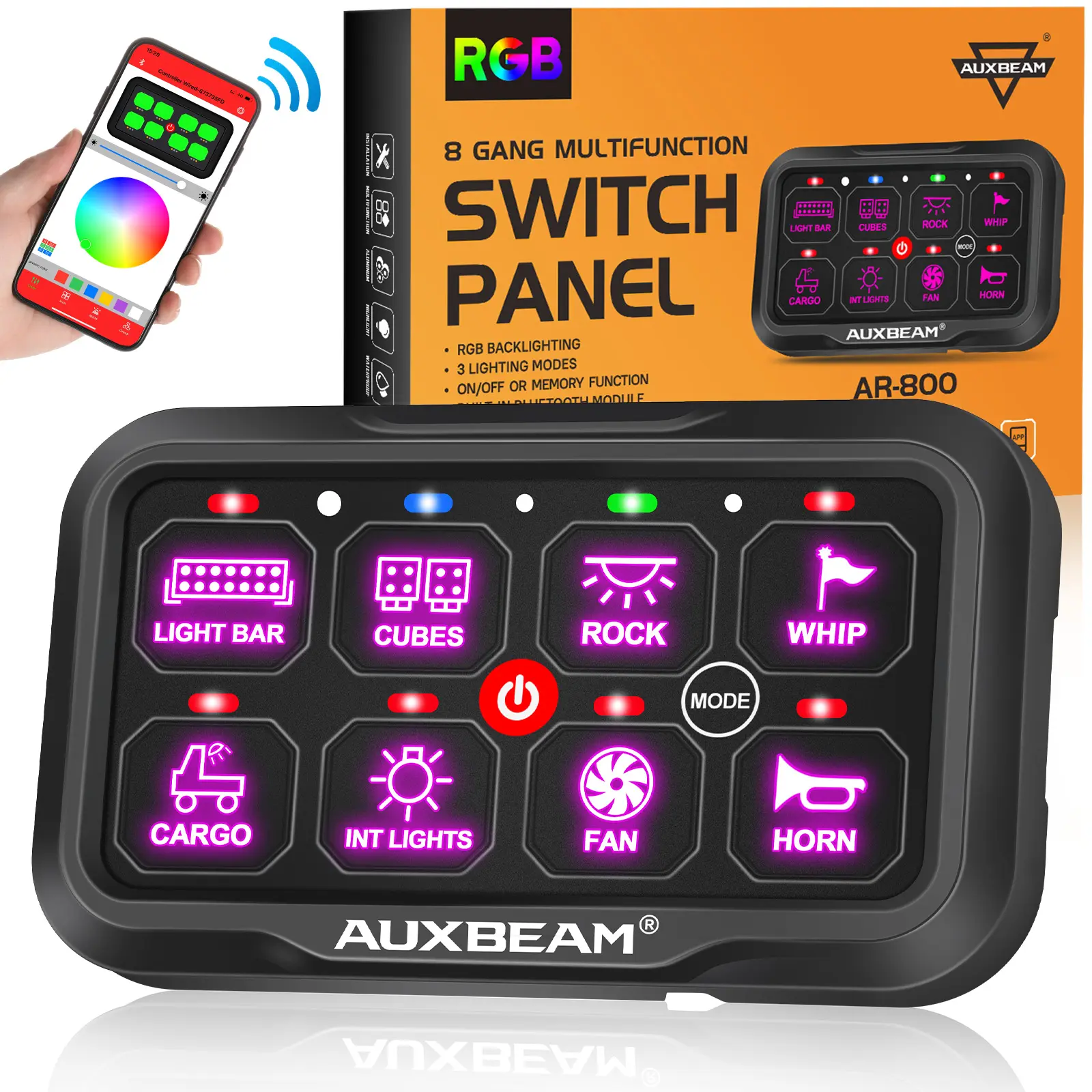 AUXBEAM AR-800 RGB 8-Gang Switch Panel with APP Control, Offroad Light Controller for Trucks, Aftermarket Truck Accessories, Semi Truck Accessories
