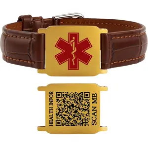 Uloveido Dynamic QR Code Medical Alert Bracelet for Men & Women, Genuine Leather Adjustable Medical ID Bracelet with Stainless Steel Plate, Scan to Update Emergency Info, No Engraving Required