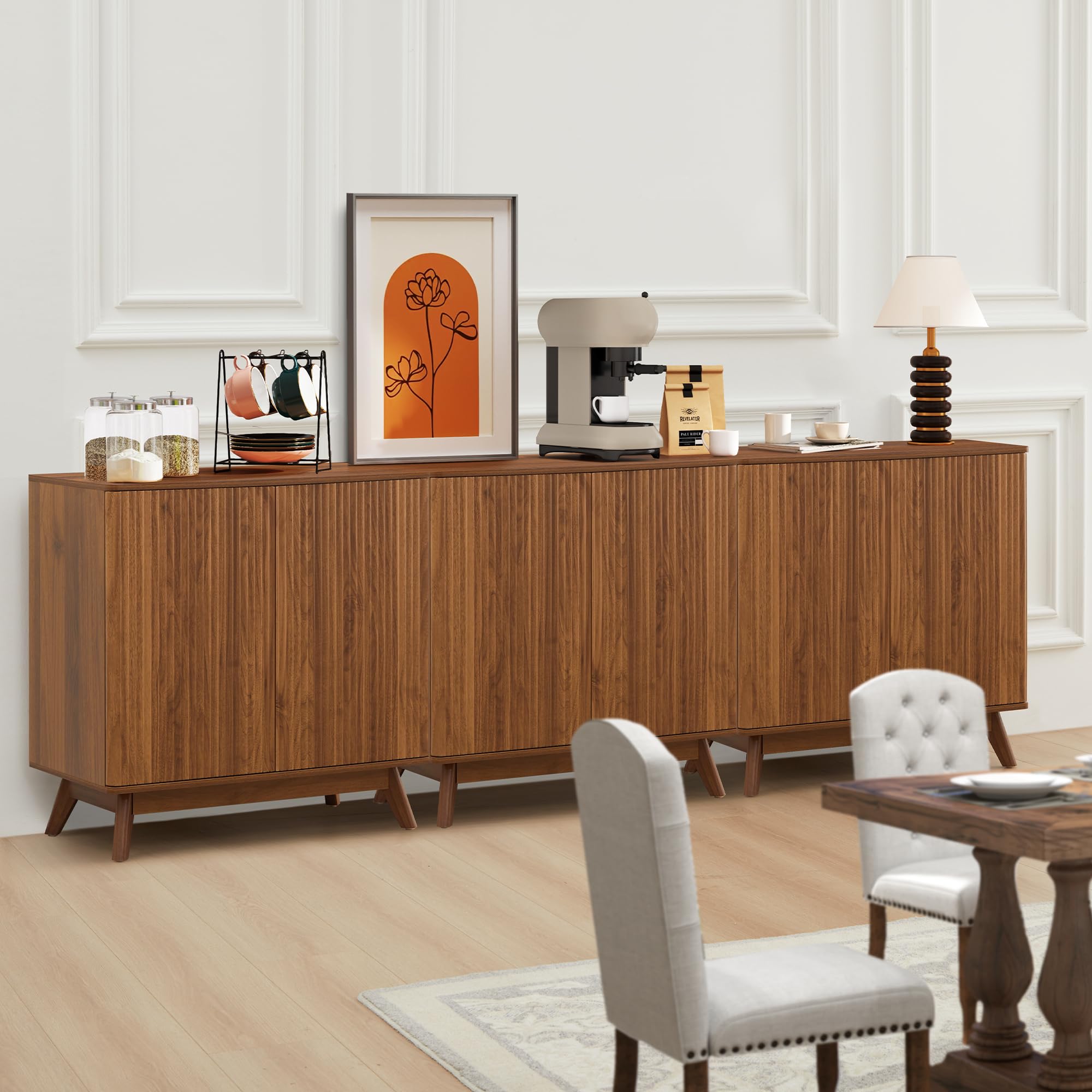 Giratree 2 3 Doors Sideboard Cabinet, Mid Century Farmhouse Fluted Credenza Sideboard Long Buffet Cabinet with Storage for Kitchen, Dining Room Coffee Cabinet, Office, Living Room TV, Entryway Cabinet