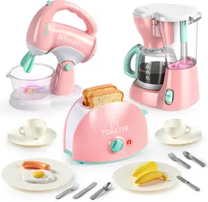 Play Kitchen Toys, Pretend Food Kitchen Accessories Girls Toy with Coffee Maker, Mixer, Toaster with Realistic Lights& Sounds, Birthday Gift for Kids, Easter Basket Stuffers