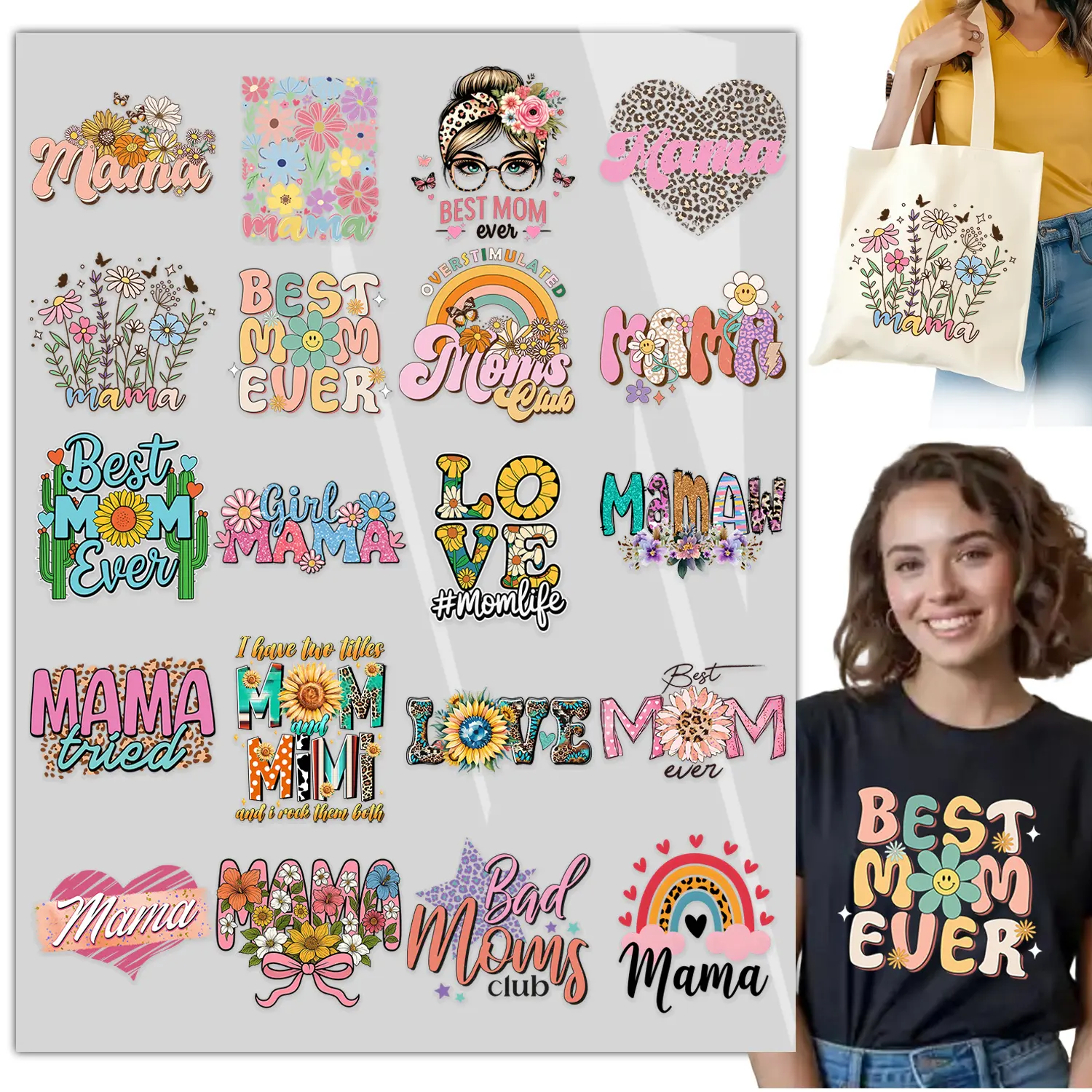 20PCS DTF Heat Transfers for Mother’s Day – Mom Mama Mommy Floral Designs – Ready to Press Iron On For Shirts, Bags, Aprons & Pillows